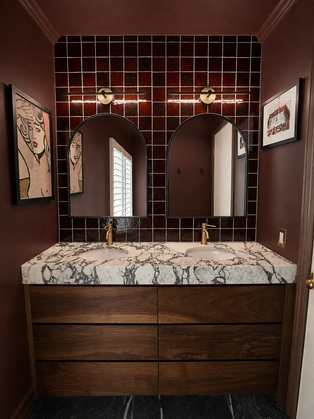 Grain-matched black walnut double vanity in Cottonwood Heights