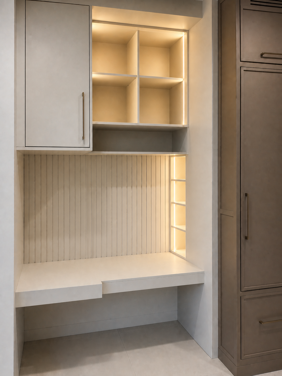 Custom desk workspace with integrated LED cubbies and tall storage cabinet in Herriman