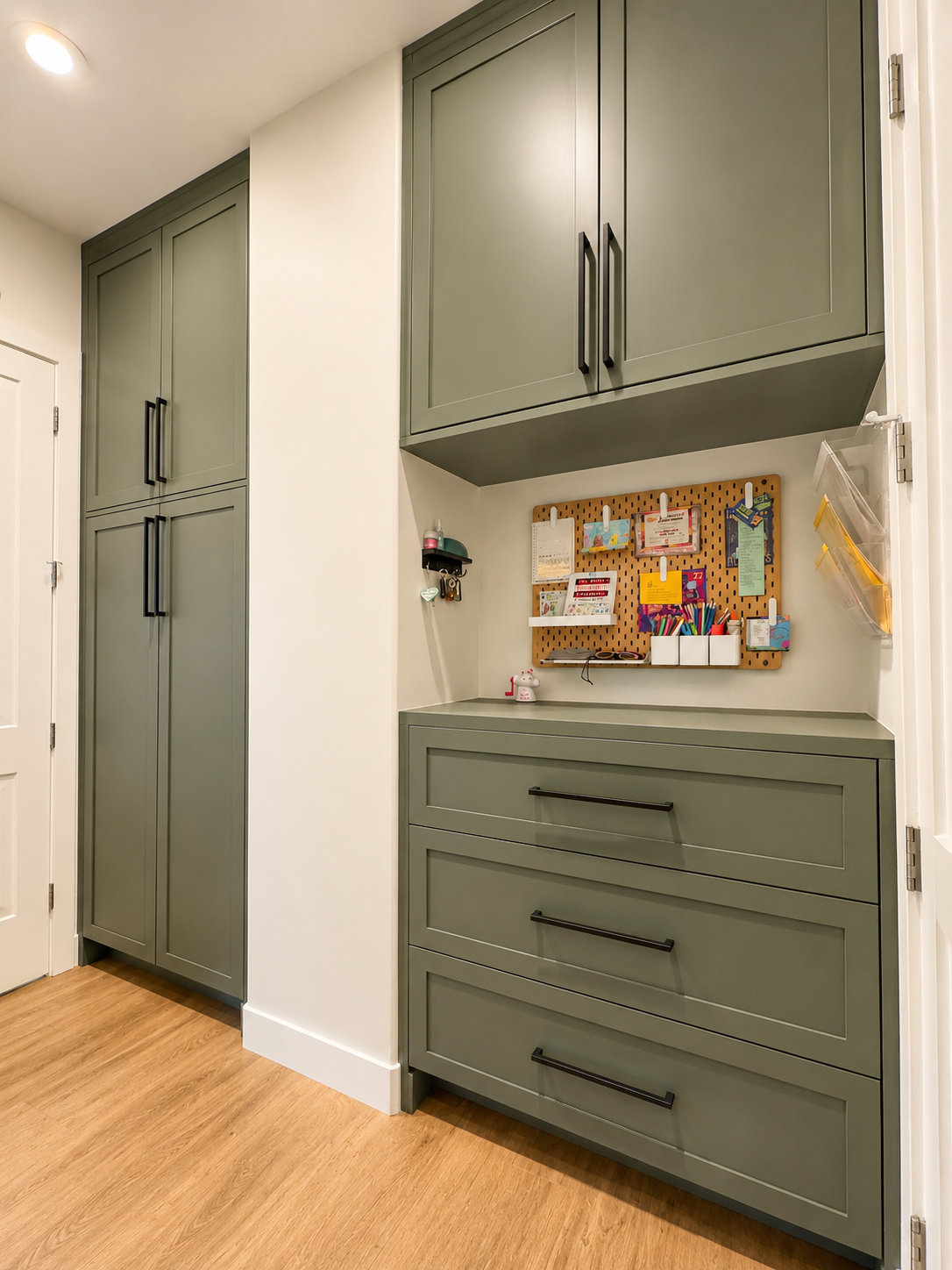 Painted mudroom cabinet, bench, and drawer detail