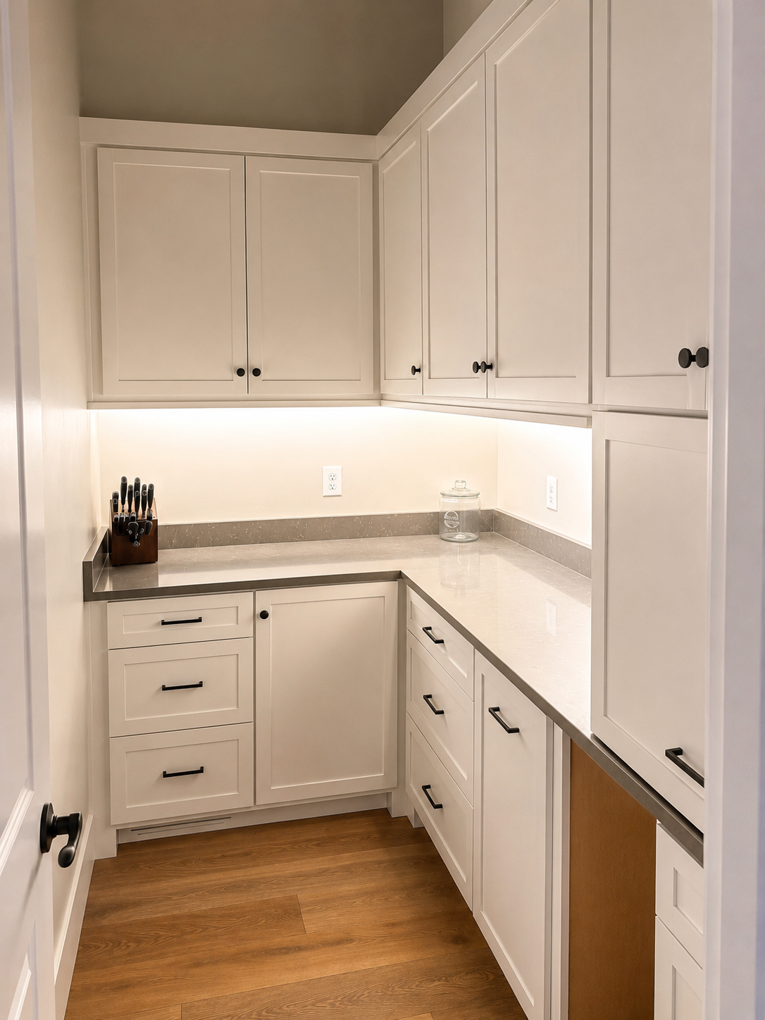 Custom pantry cabinetry with shaker doors and integrated lighting