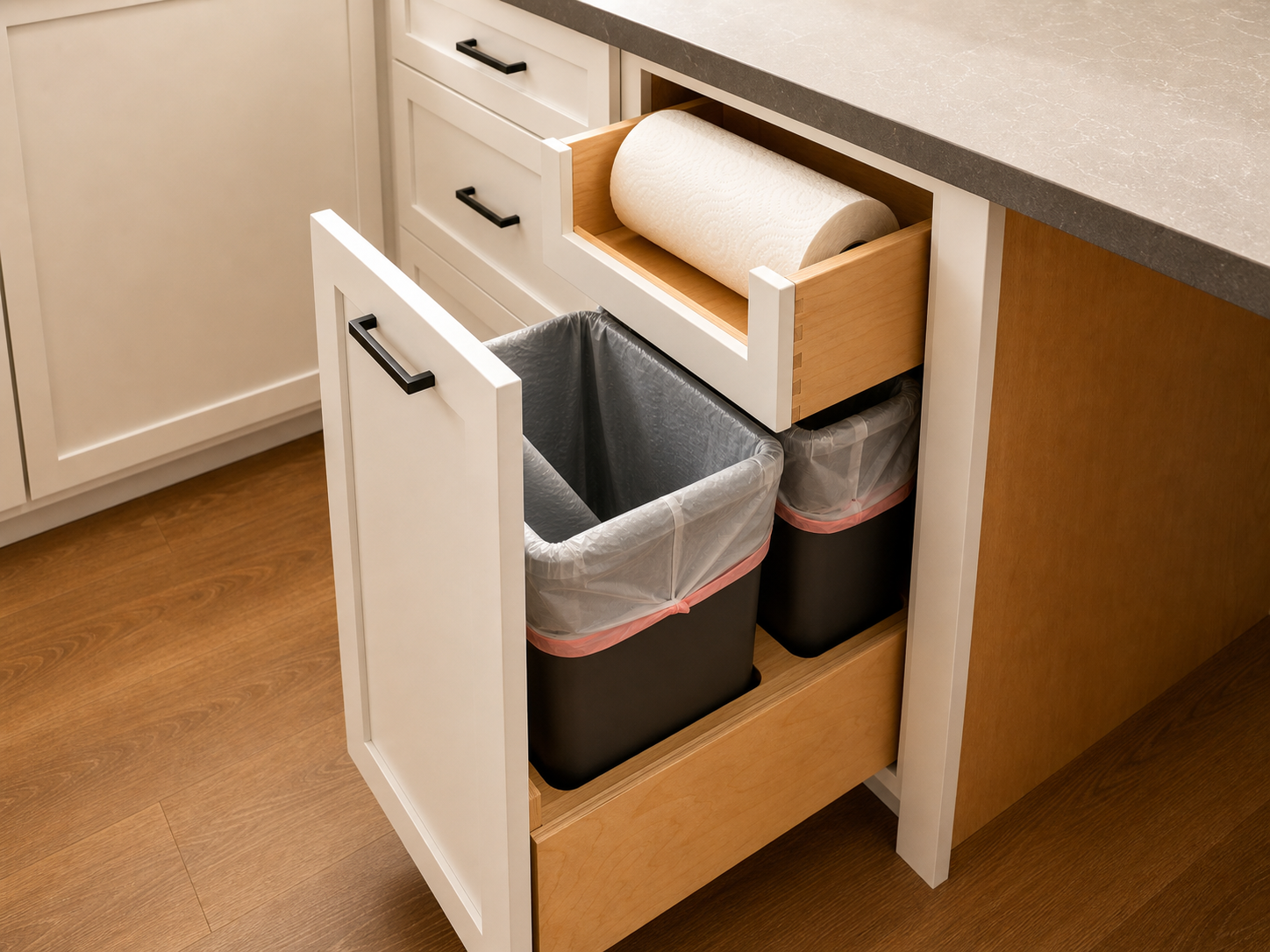 Wide view of custom pantry storage details